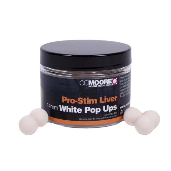 CC Moore Pro-Stim Liver White 14mm Pop Ups - CC Moore fokhagyma & kolbász & májas ízvilágú, fehér színű lebegő horogcsali 14mm