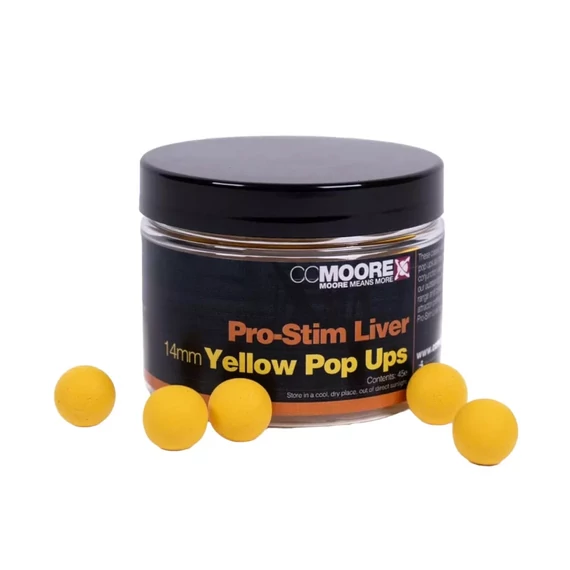 CC Moore Pro-Stim Liver Yellow 14mm Pop Ups - CC Moore fokhagyma & kolbász & májas ízvilágú, lebegő horogcsali 14mm