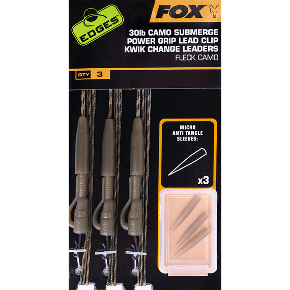 Fox Submerge Power Grip Lead Clip Kwik Change Camo 30lb 3x - előfűzött Submerge Camo ólommentes előtét 3 db