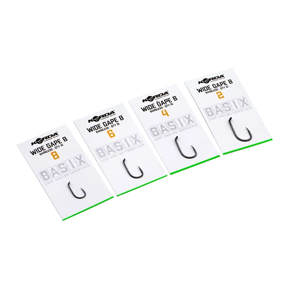Korda BASIX Wide Gape Hooks Micro Barbless Size 2/4/6/8 - szakáll nélküli  Wide Gape horgok 2, 4, 6, 8-as méretekben