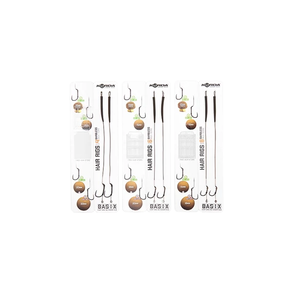 Korda BASIX Ready Tied Hair Rigs Wide Gape 4/6/8 Barbless - hajszállal kötött szakáll nélküli kész horogelőkék 4, 6, 8-as Wide Gape horoggal