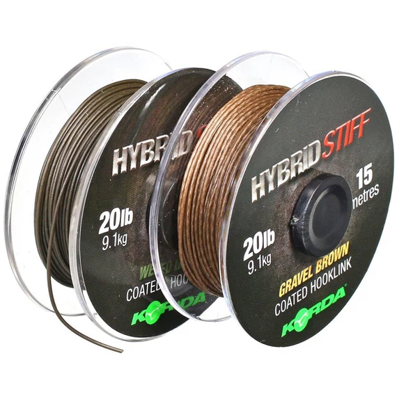Korda Hybrid Stiff Coated Hooklink 20lb  - bevonatos előkezsinór ,15  méter ,Gravel brown ( sóder) és Weed green (növényzet) színben