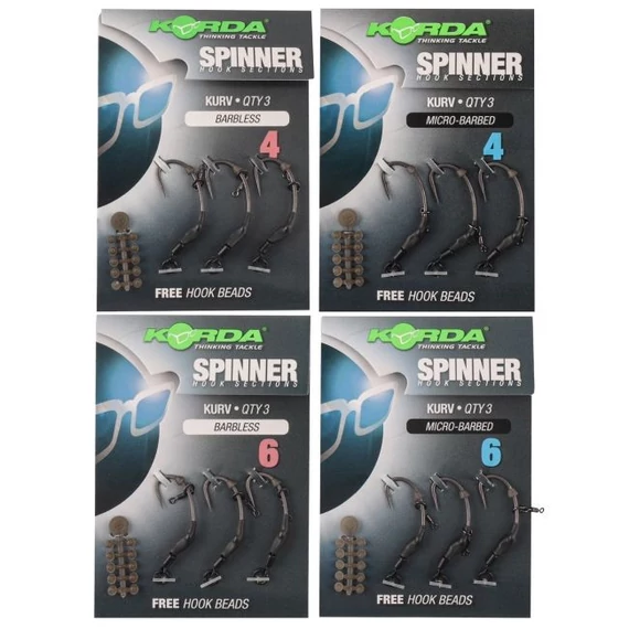 Korda Spinner Hook Sections Kurv Size 4/6 Barbed /Barbless - mikro szakállas  vagy szakáll nélkülinelőkötött Kurv horog 4-es vagy 6-os méretekben