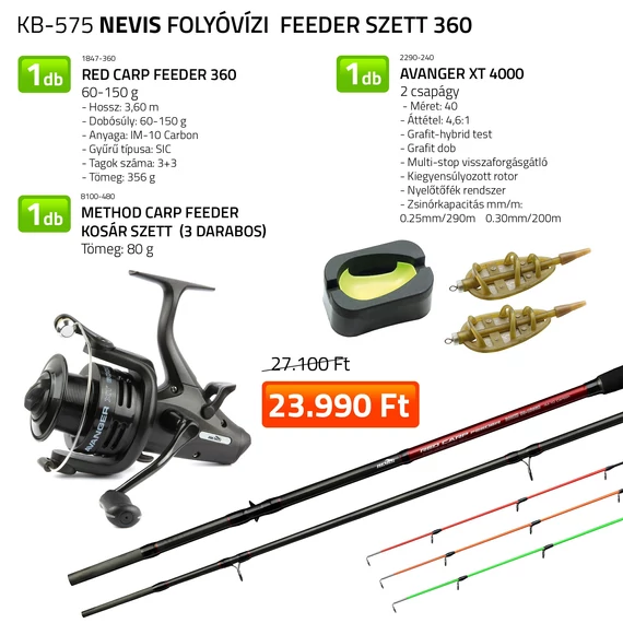Nevis Folyóvízi Feeder szett 360cm 60-150g, Avenger XT 4000, Method Carp Feeder Kosár Szett